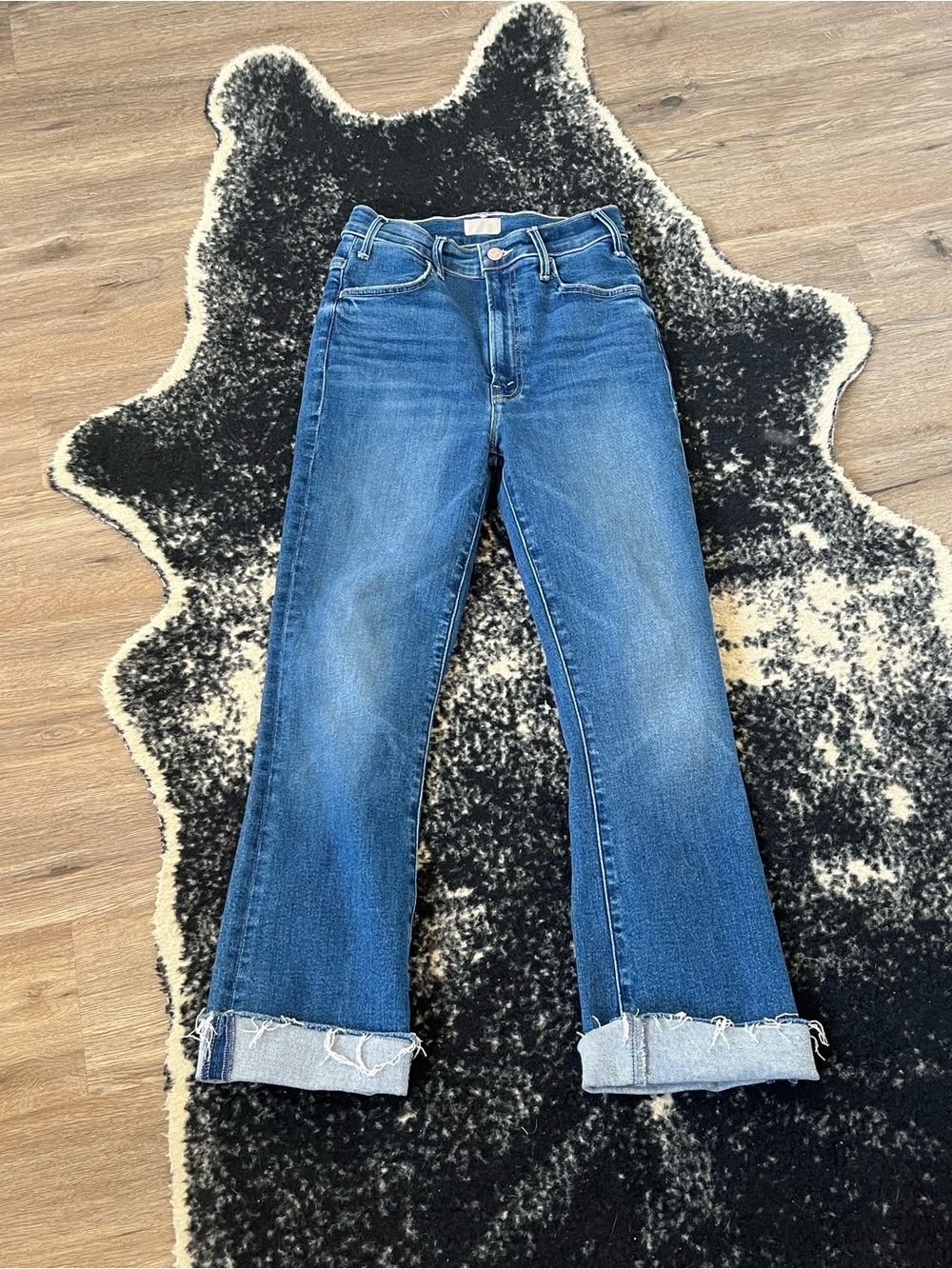 MOTHER Blue Straight-Leg Jeans with Cuffed Raw Hem